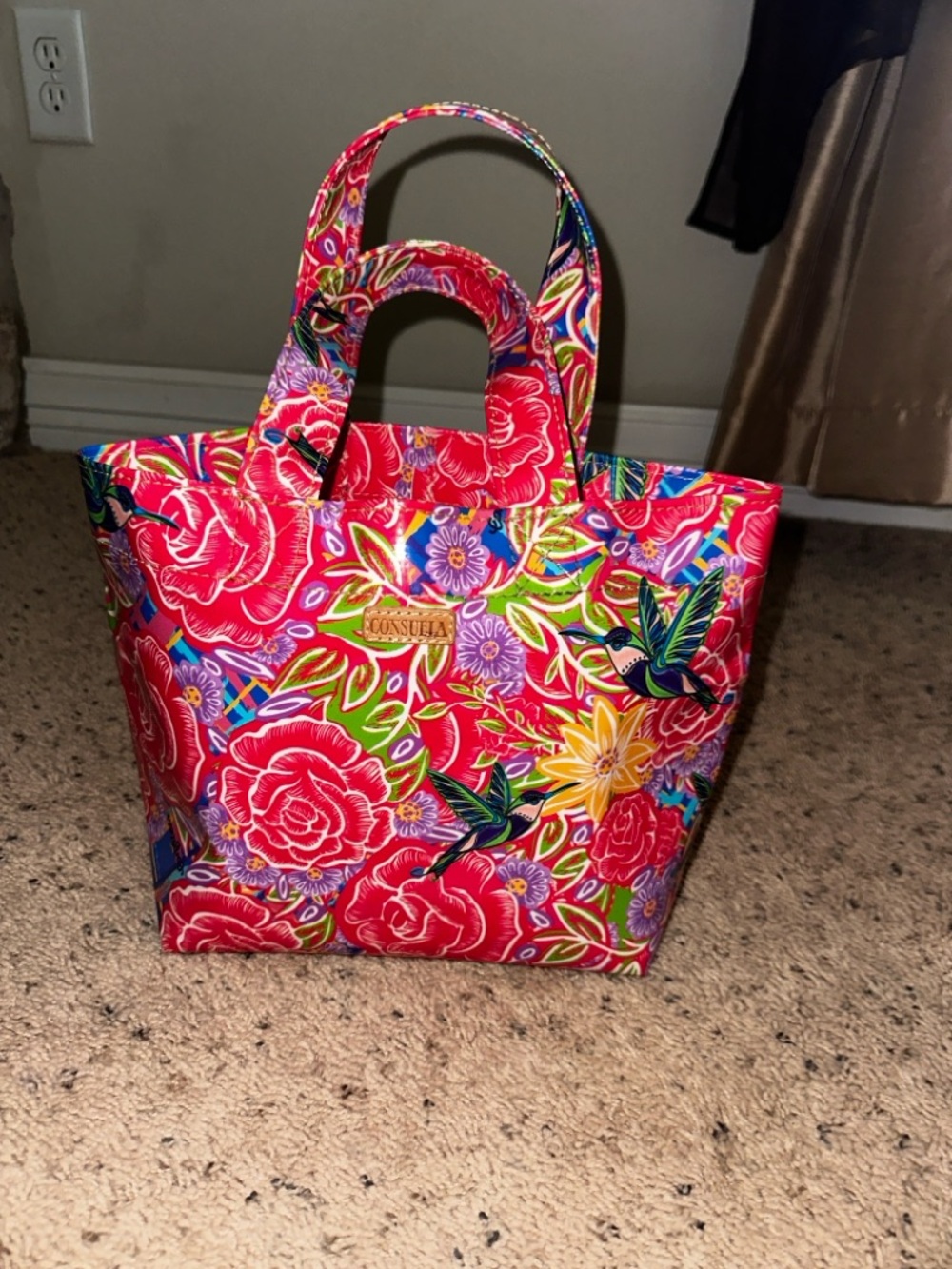 Consuela Vibrant Red Floral Tote with Multicolor Hummingbirds